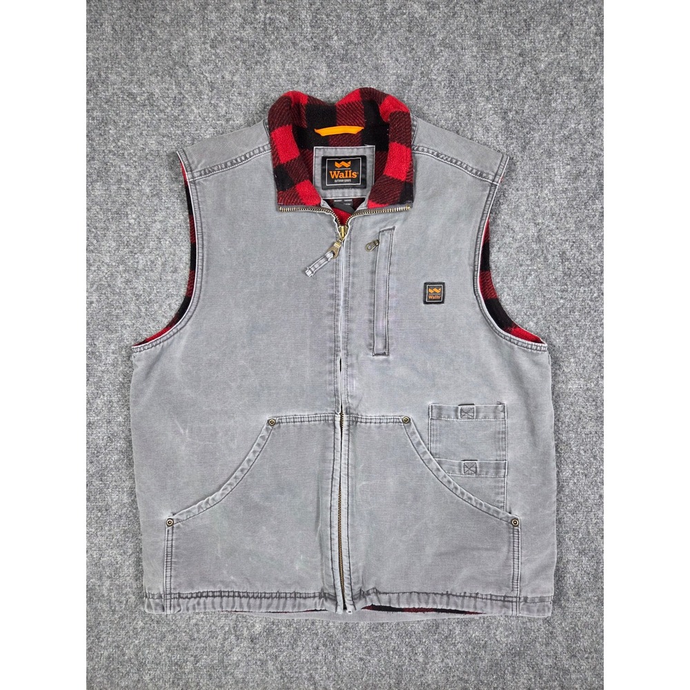 Walls Canvas Work Vest Mens Large Grey Buffalo Plaid Fleece Lined Full Zip
